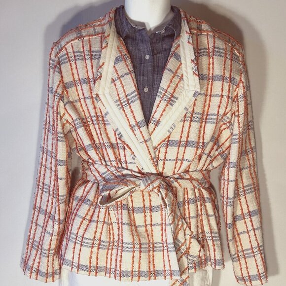 Chico's 3/XL Orange & Blue Plaid Tweed Wrap Jacket Office Cottage Preppy Ranch - Picture 1 of 11